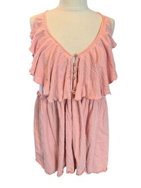 FP Beach PEACH Boho Ruffle Tiered Blouse Medium Coral Flowy Festival Top